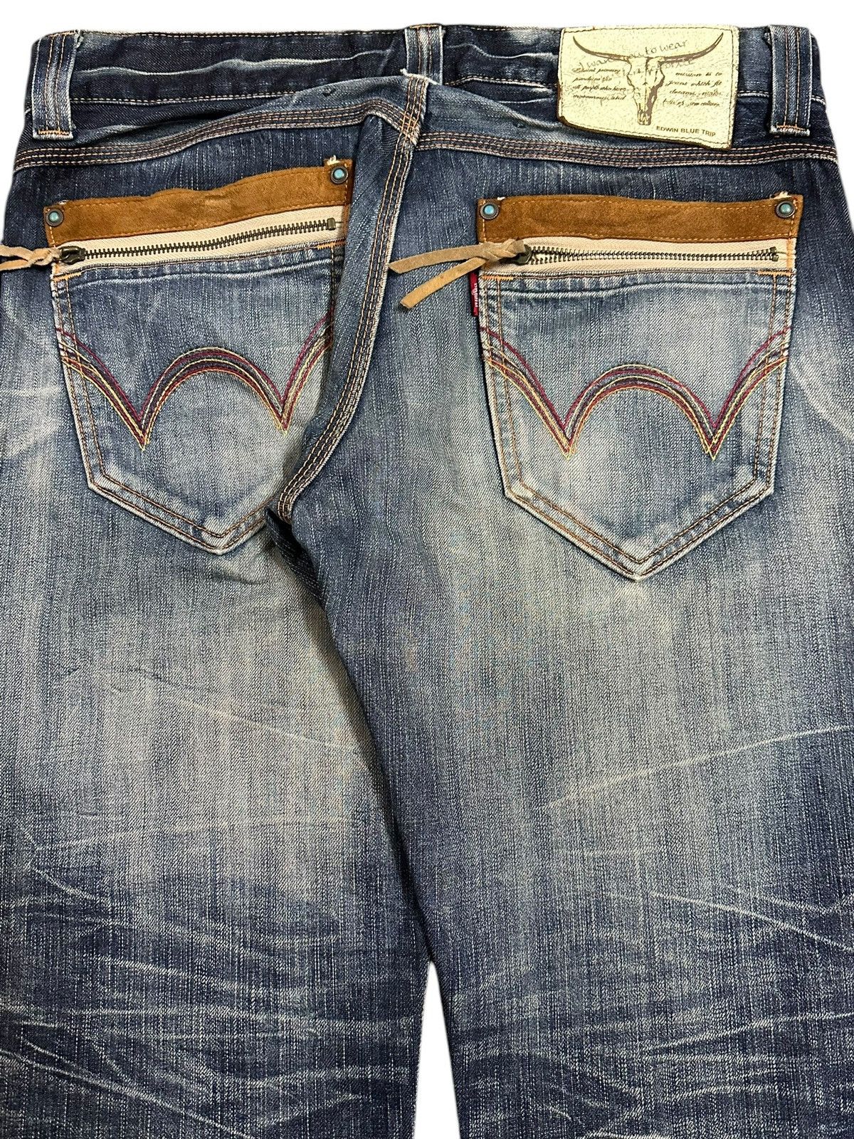 Edwin Vintage Edwin Blue Trip Faded Wash Distressed Bootcut Jeans Size US 34 / EU 50 - 6 Thumbnail