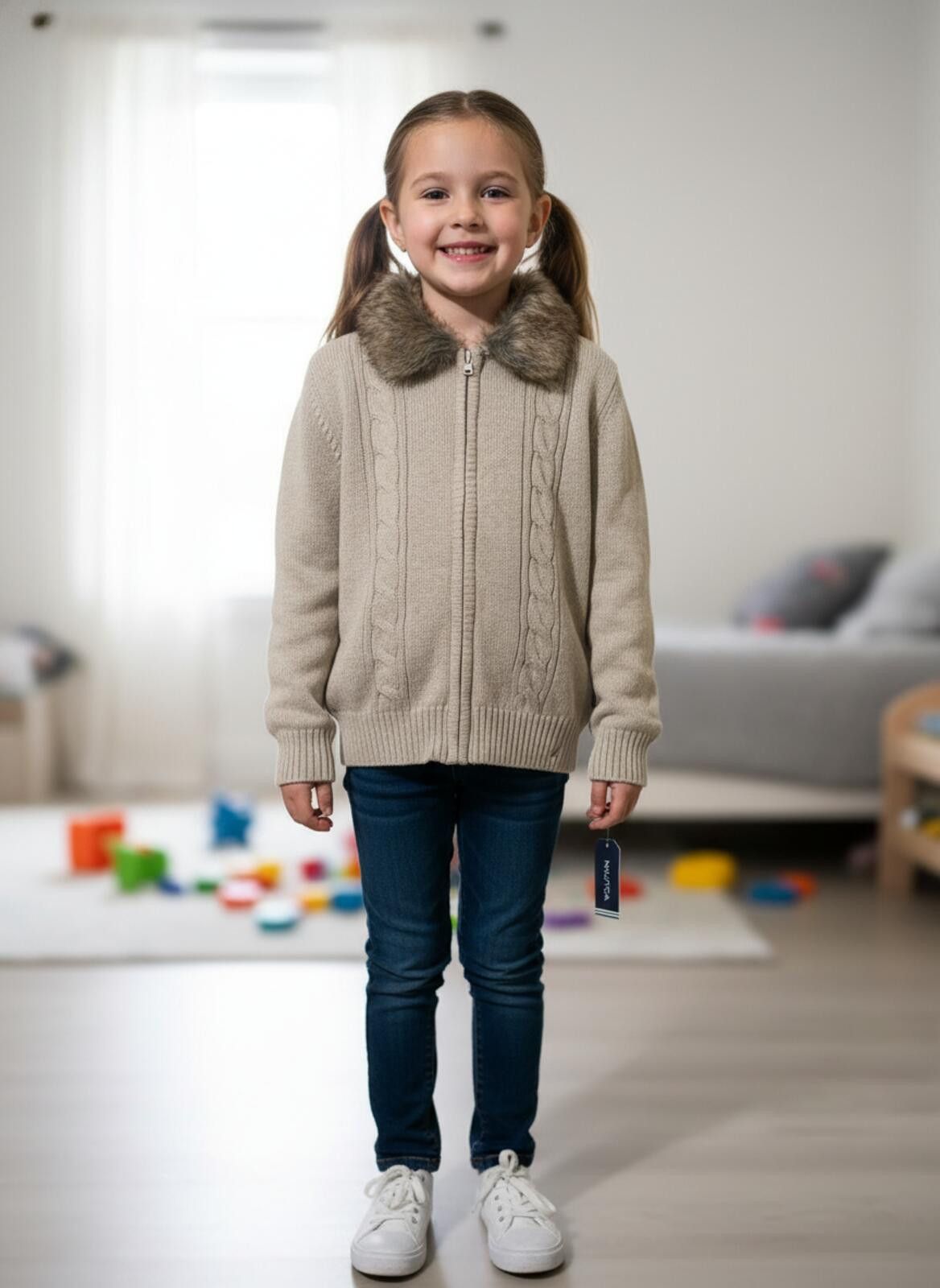 Nautica Nautica Girls 6X Beige Knit Zip-Up Sweater with Faux Fur Zip Size ONE SIZE - 1 Thumbnail