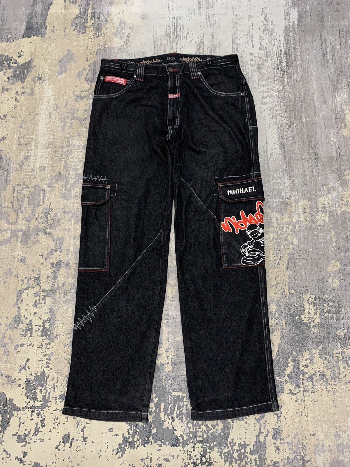 image of Dack Dive Jnco Style Cargo Baggy Jeans 34X31 in Black, Men's