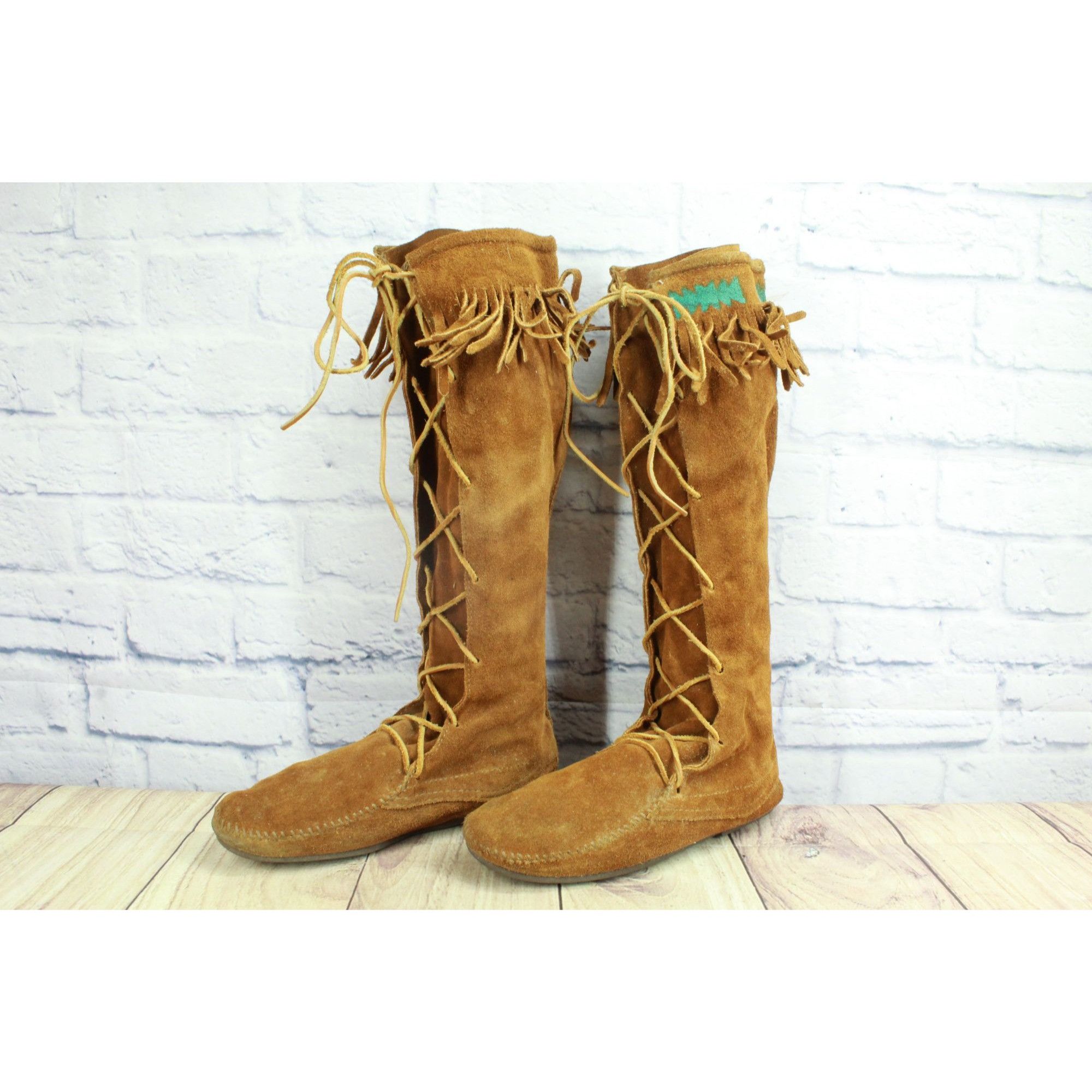 Minnetonka Minnetonka Tall Suede Tie Moc Fringe Boots Womens 6 Size US 6 / IT 36 - 3 Thumbnail