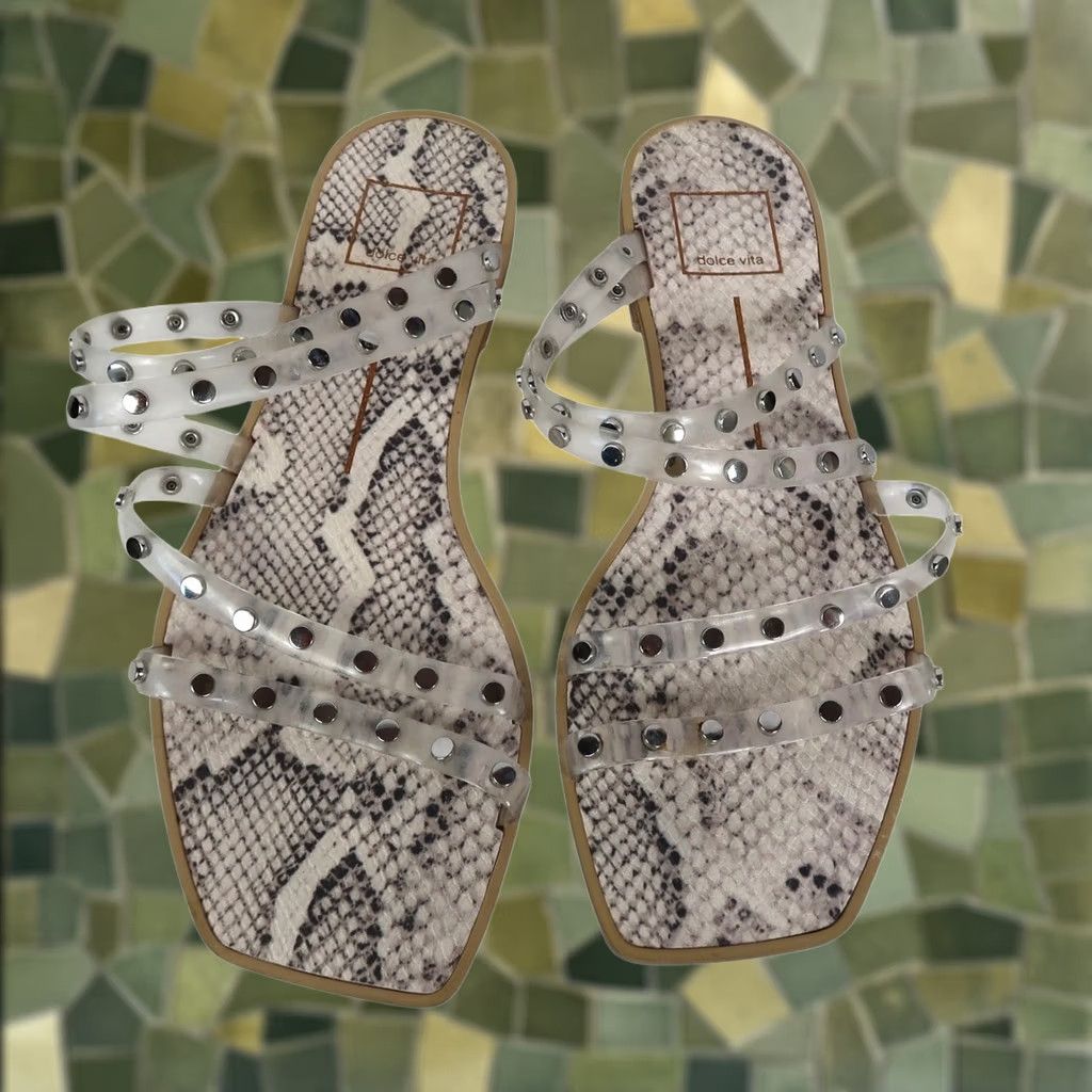 Dolce Vita Dolce Vita Izabel Studded Sandals Clear Vinyl Straps Snake Print Sandal Womens 9 Cream Slip-On Casual Flat Spring Summer Size US 9 / IT 39 - 1 Thumbnail