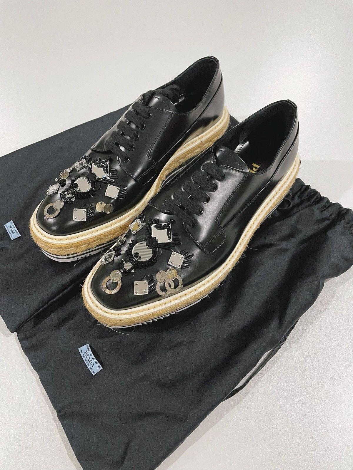 Prada PRADA Black Leather Applique Platform Laces Size US 7.5 / IT 37.5 - 1 Thumbnail