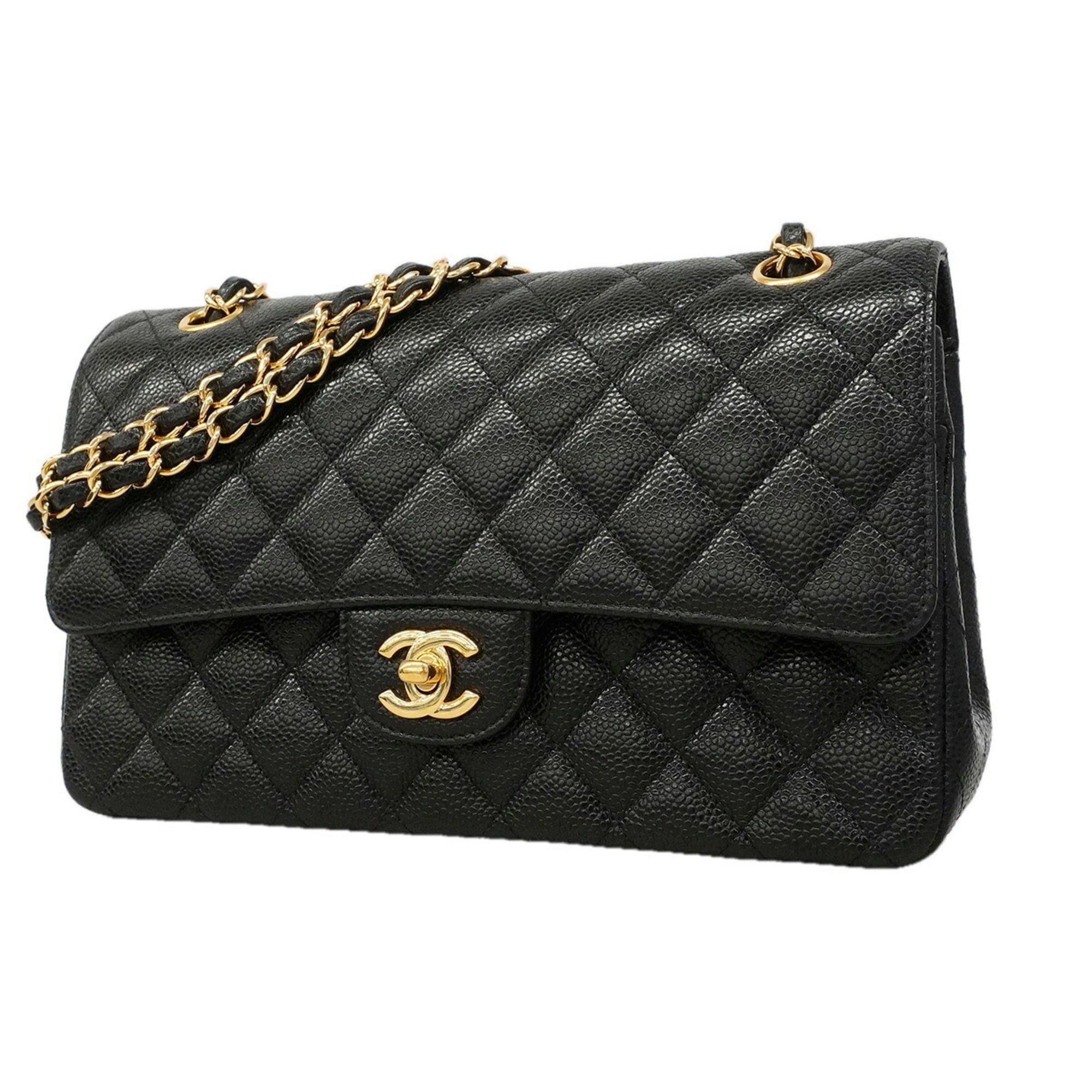 Chanel Matelassé Shoulder Bag, Double Flap, Chain, Caviar Leather, Black, Women's, Women's
