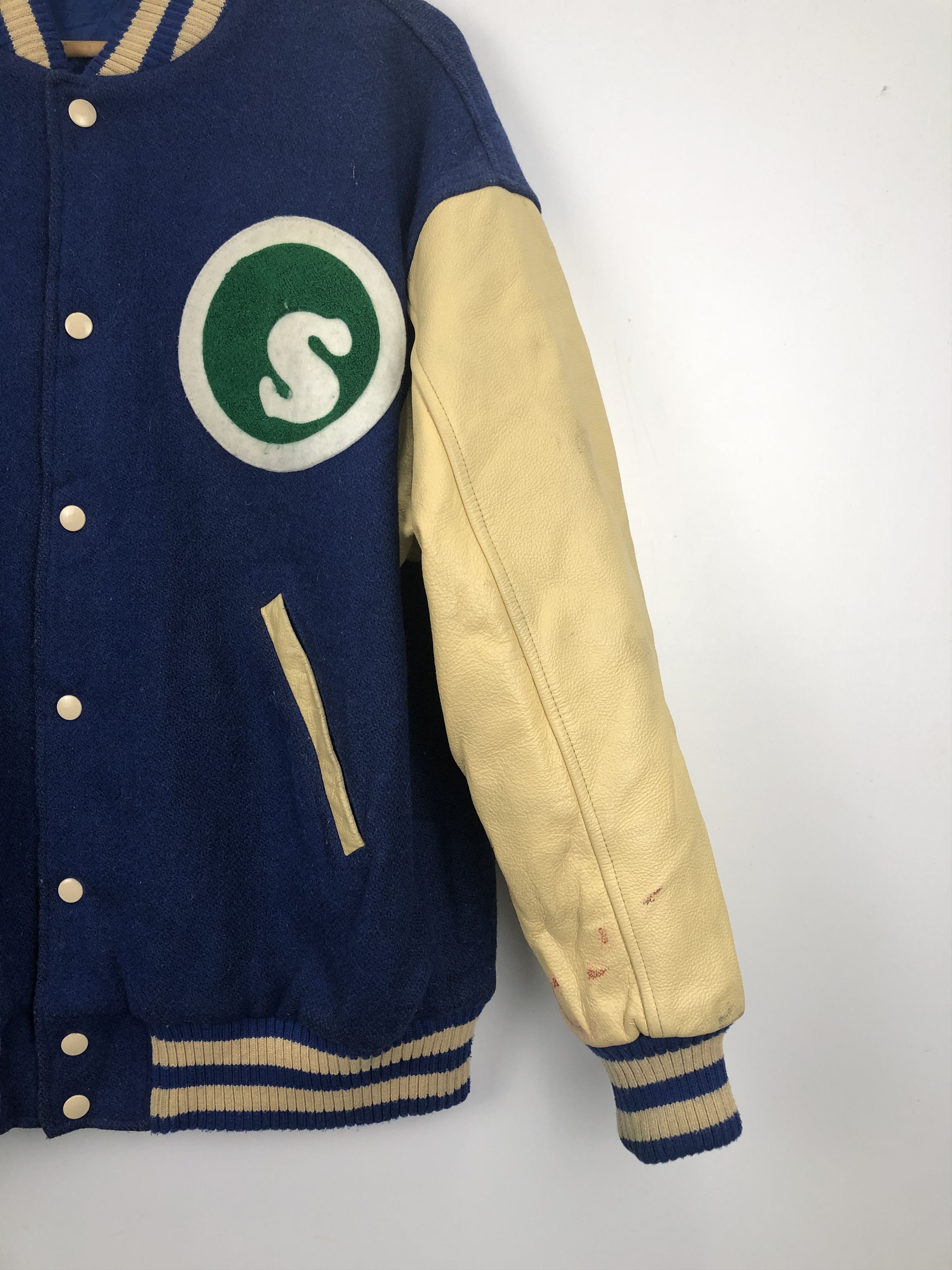 Japanese Brand Vintage 90s Seedless Leather Sleeve Varsity Jacket V0375 Size US M / EU 48-50 / 2 - 7 Thumbnail