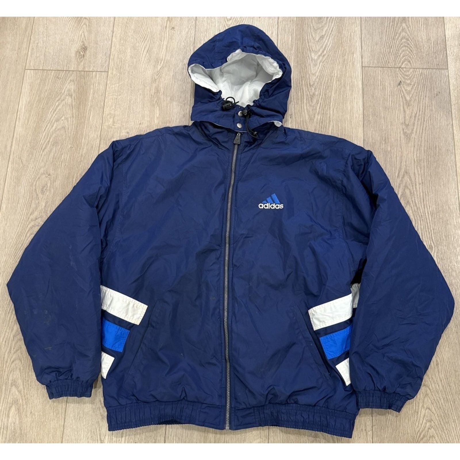 Adidas Vintage 90s Adidas Puffer Jacket Coat XL Hooded Striped Navy Size US XL / EU 56 / 4 - 3 Thumbnail