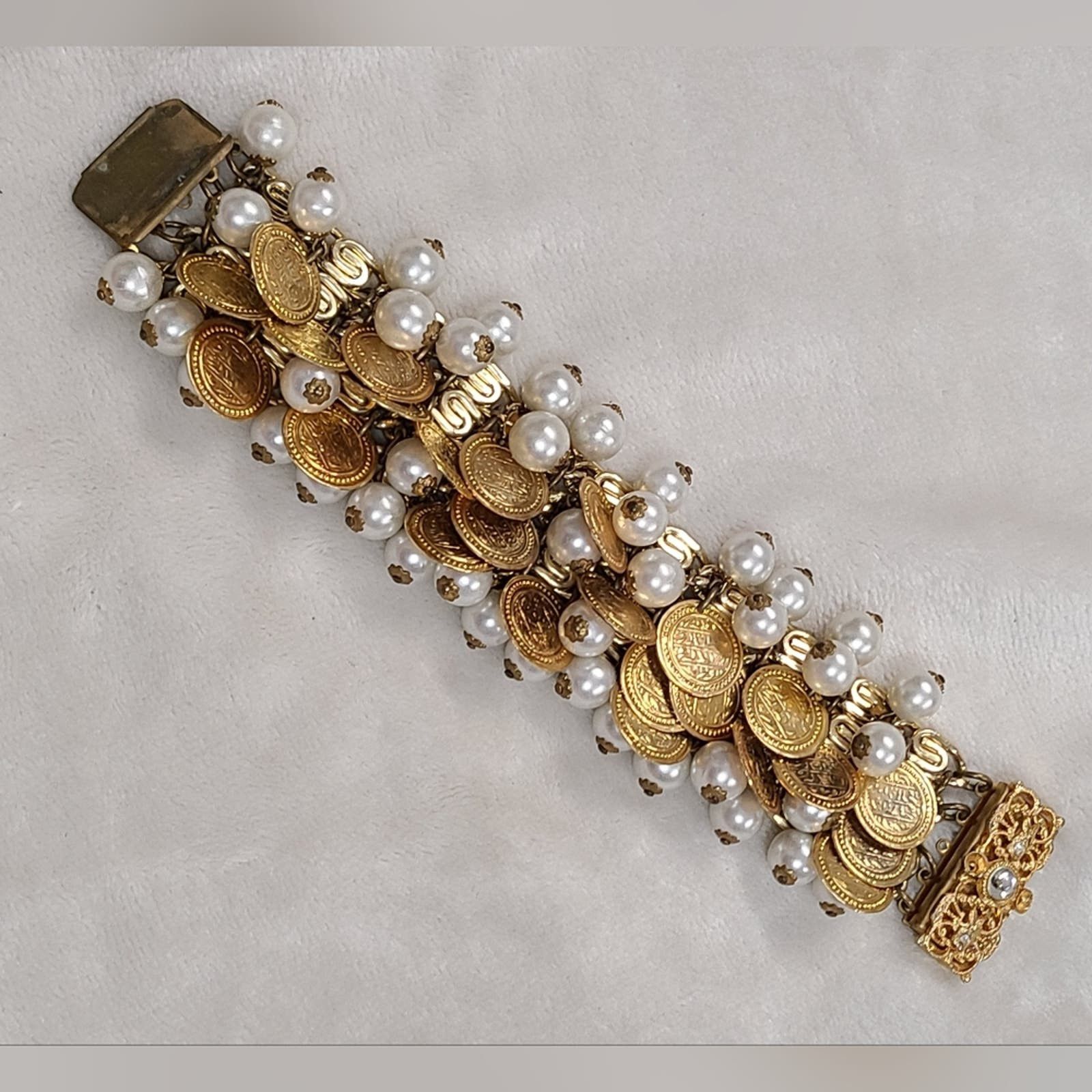 Vintage Chunky Coin & Faux Pearl Bracelet