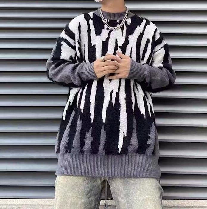 image of Vintage Black White Strap Knitted Sweater in Grey, Men's (Size Large)