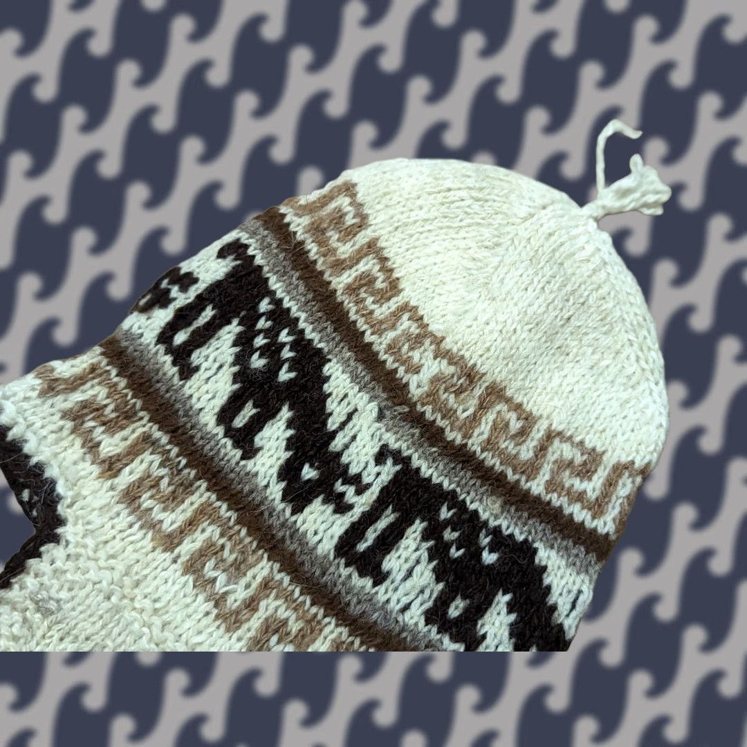 Vintage Handmade Alpaca Wool Beanie Hat One Size Striped Ear Flap Chin Strap Knit Unisex Adults Knitted Size ONE SIZE - 1 Thumbnail