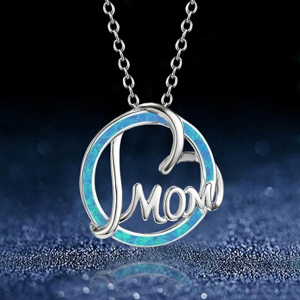 Designer Round Blue Opal Mom Heart Silver Necklace Size ONE SIZE - 1 Thumbnail