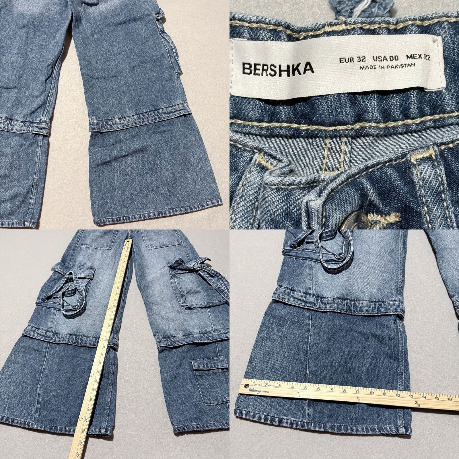 Bershka Bershka Jeans Women Blue Mid Cargo Flared Relaxed Baggy Y2K 00 Vintage City 90s Bohemian Logo Size 24" / US 00 / IT 34 - 8 Thumbnail