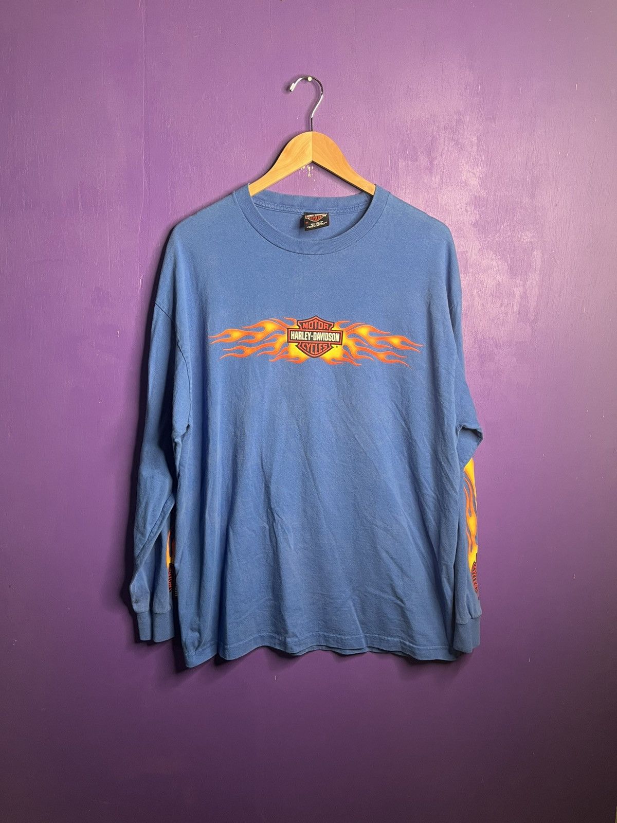Harley Davidson × Vintage Vintage Harley Davidson flame sleeves blue long-sleeve Size US XL / EU 56 / 4 - 1 Thumbnail