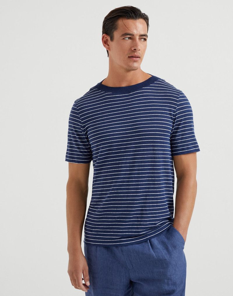 Brunello Cucinelli o1la1rc1a0326 Striped Linen Stretch Boat Neck T-Shirt Blue Size US M / EU 48-50 / 2 - 1 Thumbnail