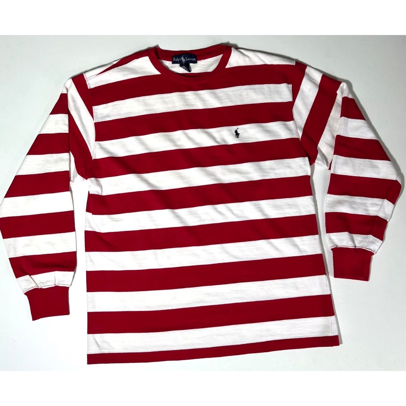 Ralph Lauren VINTAGE Ralph Lauren Mens Pullover Long Sleeve Striped Crew Neck Cotton Made in USA Sz L Red White 90s Retro Classic USA Sweatshirt (Adult) Size US L / EU 52-54 / 3 - 4 Thumbnail