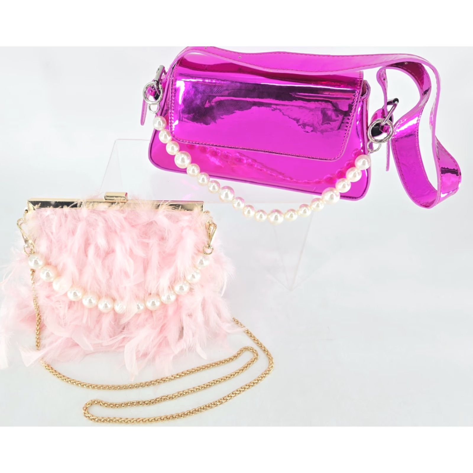 2 lot Feather Clutches Purses Women Bag Pearl Fluffy Evening Handbags Hot Pink