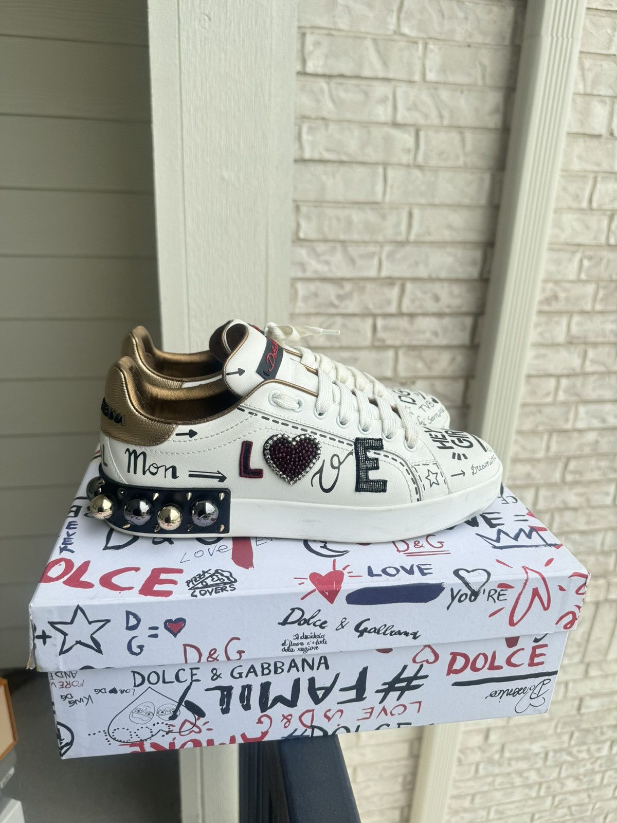 image of Dolce Gabbana Dolce And Gabbana White And Black Spiked Low Trainer Shoes, Women's (Size 9)
