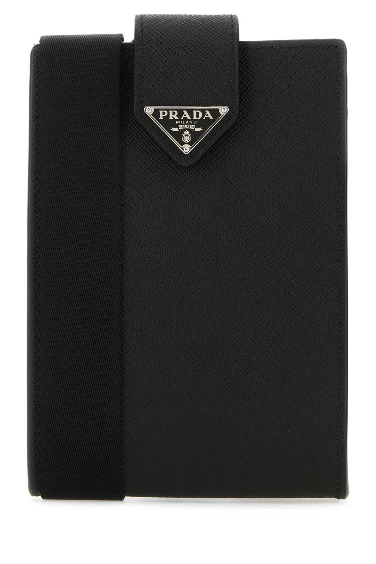 image of Prada Black Leather Phone Case, Men's