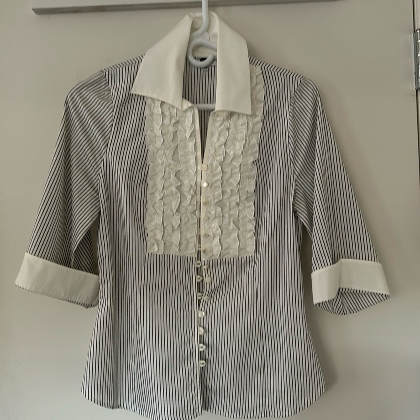 Anne Fontaine 38 Noana Split Neck Stripe Shirt Black/White