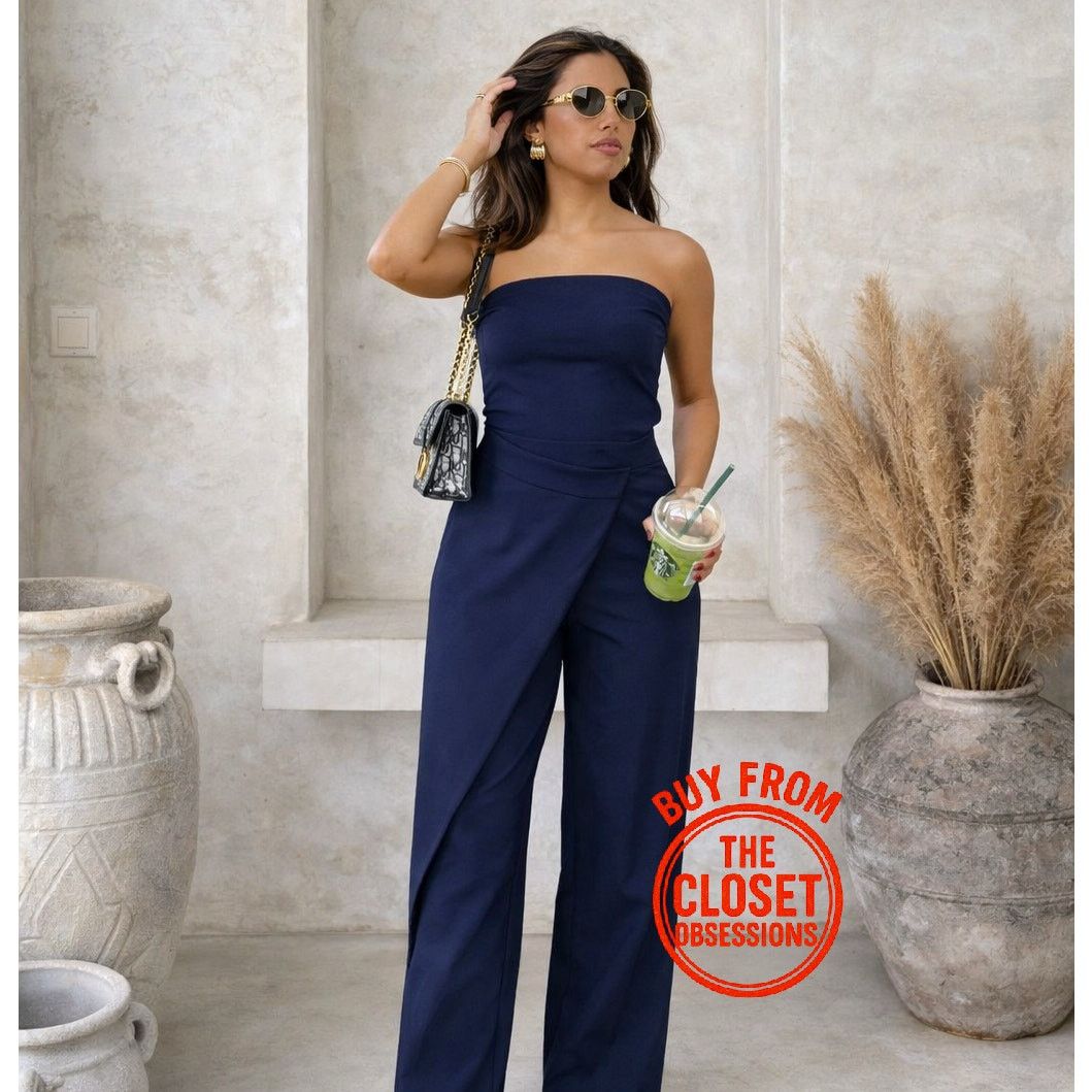 Zara ZARA Navy Strapless Wide Leg Jumpsuit Elegant Palazzo NWT Size 32" / US 10 / IT 46 - 8 Thumbnail