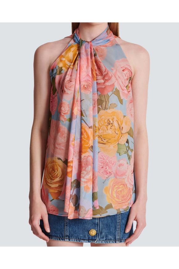Balmain o1s1wg110825 Pastel Rose Print Tie Neck Blouse in Multicolor Size S / US 4 / IT 40 - 2 Thumbnail