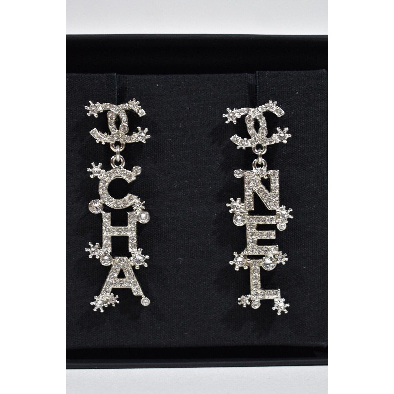 Chanel Chanel Silver Crystal Letter Statement Stud Drop Earrings Size ONE SIZE - 4 Thumbnail