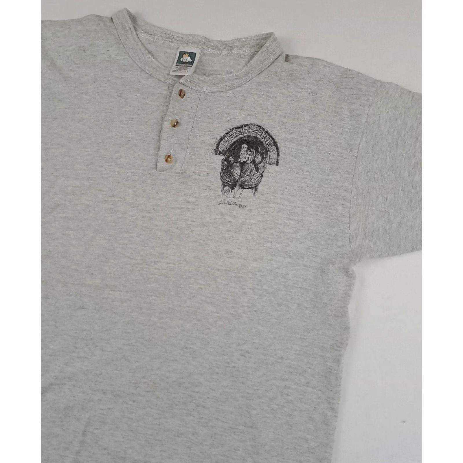 Vintage King cotton deluxe T-Shirt Mens 90s USA Turkey Art-Print Betsy Popp 1/4 Button Short Sleeve Gray L Size US L / EU 52-54 / 3 - 3 Thumbnail