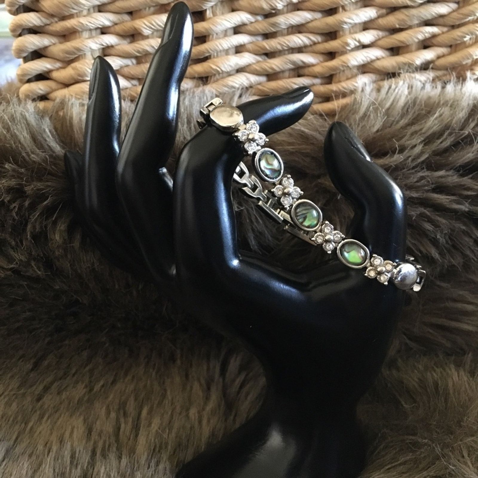 Jewelry Glass cabochon abalone silver rhinestone bracelet Size ONE SIZE - 2 Thumbnail