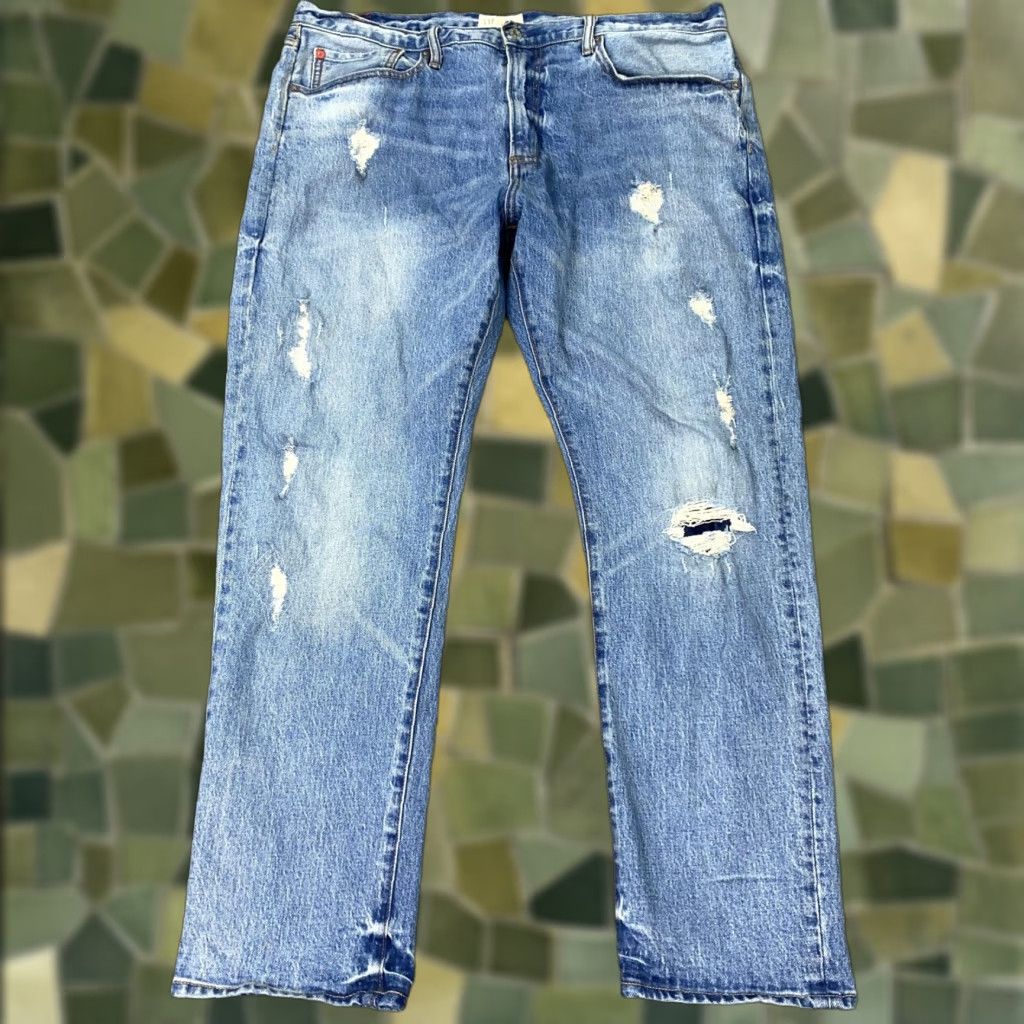 Gap GAP Cone Denim Jeans Mens 38x30 Blue Slim Straight Light Destroyed Distressed 5-Pocket Zip Fly Mens 38 Regular Inseam 30 Leather Patch (GAP 1969) Size US 38 / EU 54 - 1 Thumbnail