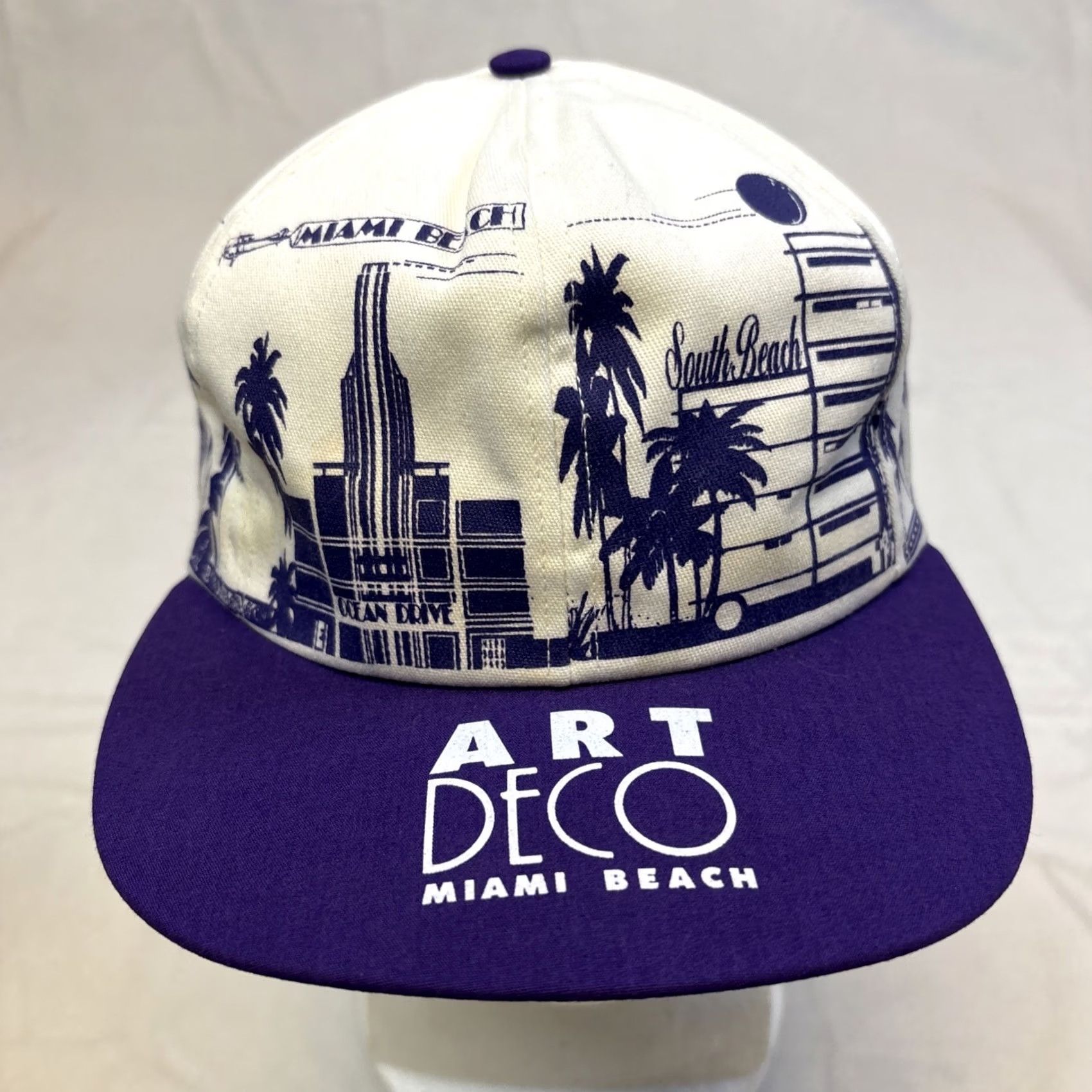 Vintage VINTAGE Unbranded Snapback Hat USA Art Deco Miami Beach Skyline Purple White White One Size Men Hats Mens Size ONE SIZE - 3 Thumbnail