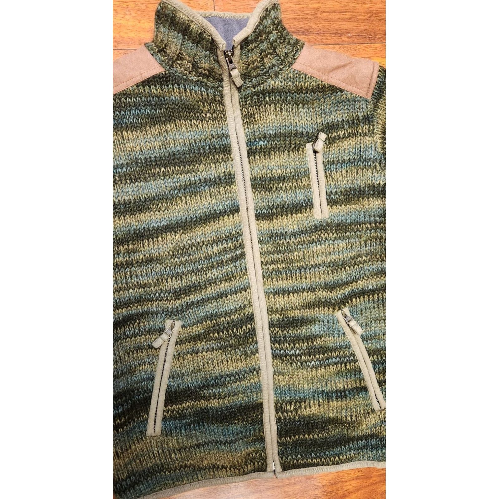 Vintage VINTAGE Laundromat Sweater Jacket Full Zip Elbow Patch 100% Wool Adult M Handknit Green, 90s, Casual, Classic Mens Size US M / EU 48-50 / 2 - 6 Thumbnail