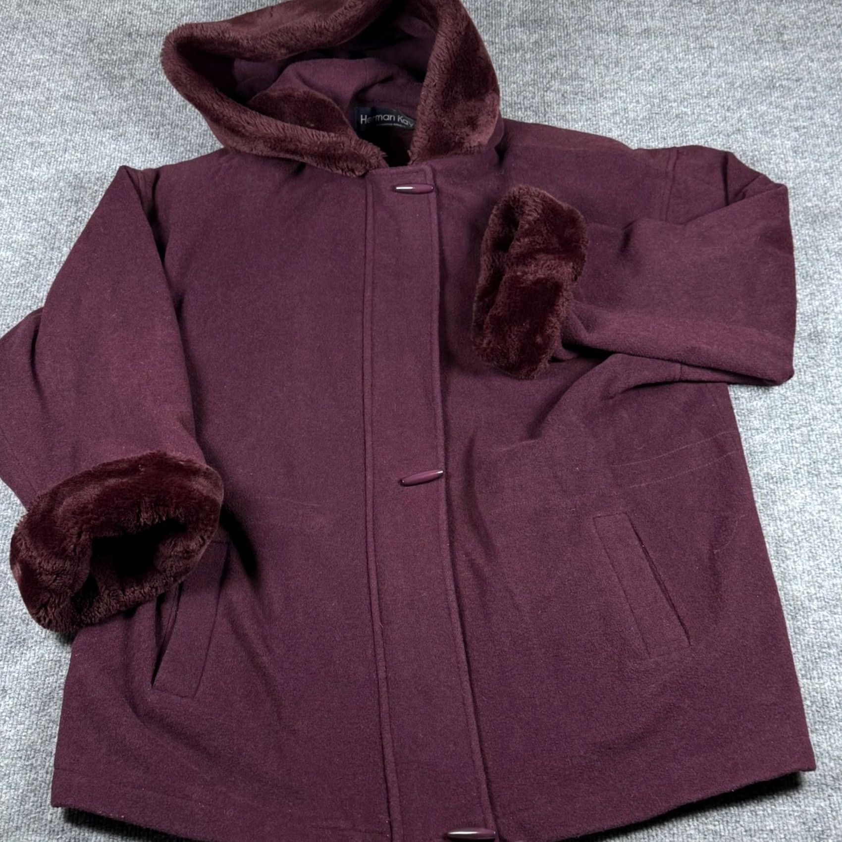 Vintage VINTAGE Herman Kay Coat Wool Blend Hooded Faux Fur Trim Button Zipper Toggle Purple 14 Women Outerwear Fall Winter Size XL / US 12-14 / IT 48-50 - 2 Thumbnail