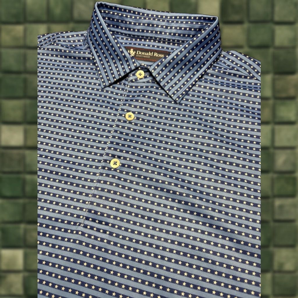 Vintage Donald Ross Polo Men Medium Stars Stripes Golf Shirt USA Blue All Over Print AOP Size US M / EU 48-50 / 2 - 1 Thumbnail