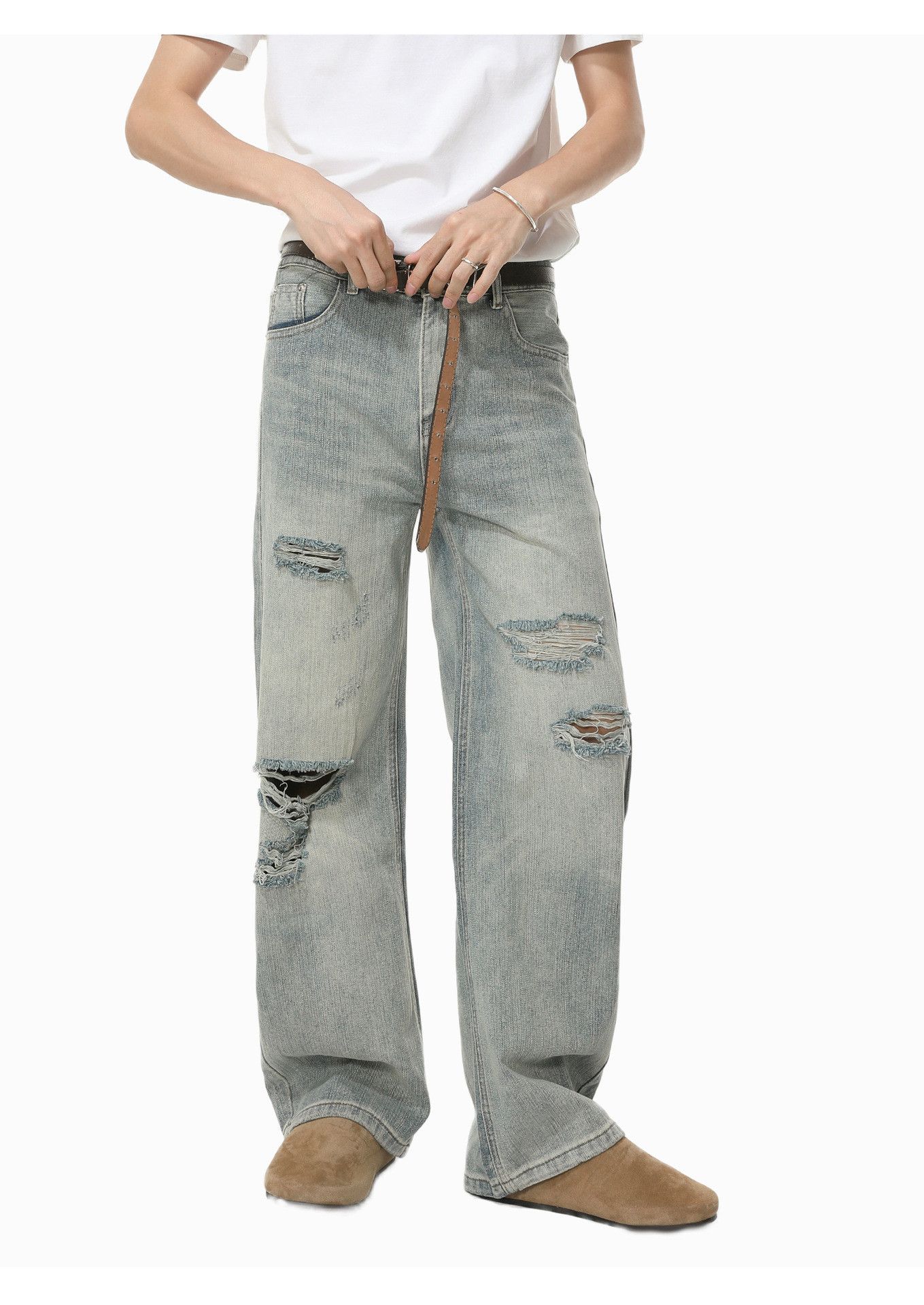 Vintage Men's retro wide-leg distressed washed ripped jeans Size US 32 / EU 48 - 3 Thumbnail