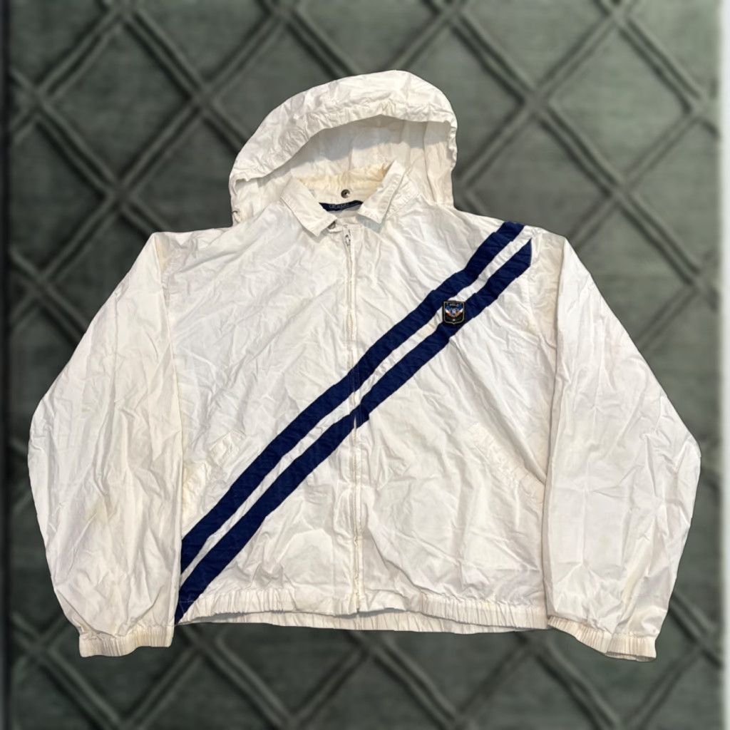 Polo Ralph Lauren VINTAGE Polo Ralph Lauren Lightweight Cotton White Navy Jacket Hooded Crest L Unisex Adults Windbreaker Mens/ Womens Size US L / EU 52-54 / 3 - 1 Thumbnail