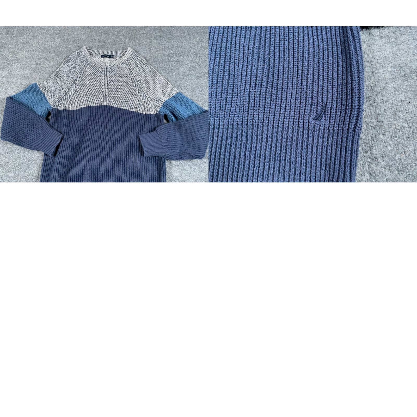 Nautica VTG Nautica Y2K Preppy Striped Sweater Adult Large Dark Blue Gray Colorblock Chunky Knit Size US L / EU 52-54 / 3 - 8 Thumbnail