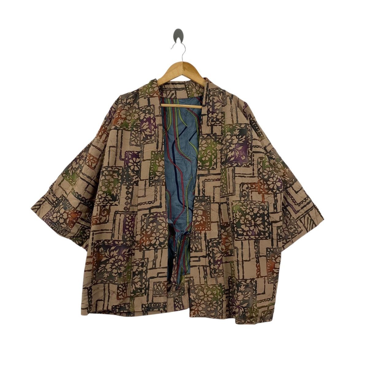 Vintage 70s KIMONO JAPAN HAORI Geometric Earth Tone