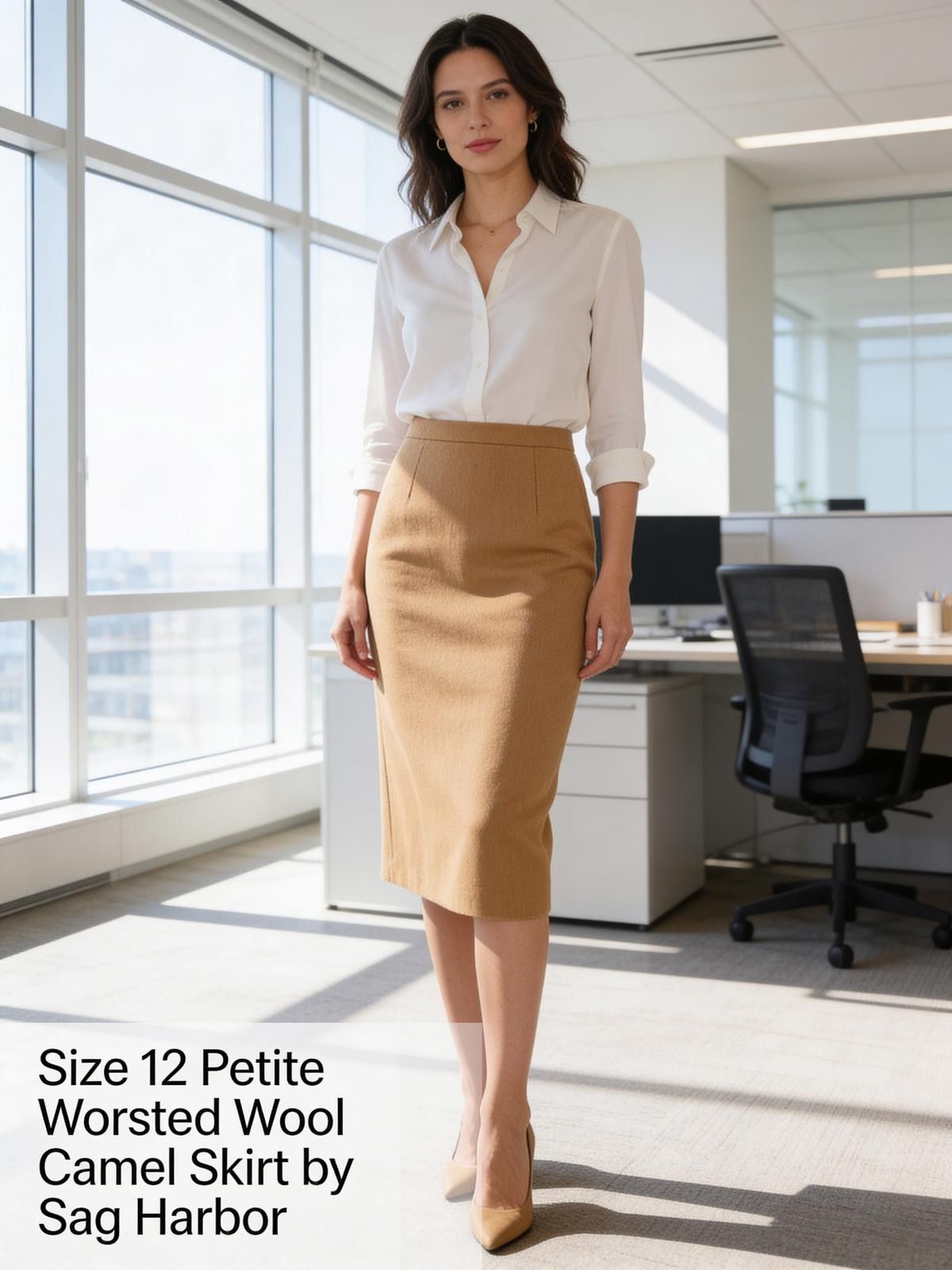 Other Sag Harbor Size 12 Petite Camel Wool Skirt Size 34" / US 12 / IT 48 - 2 Thumbnail