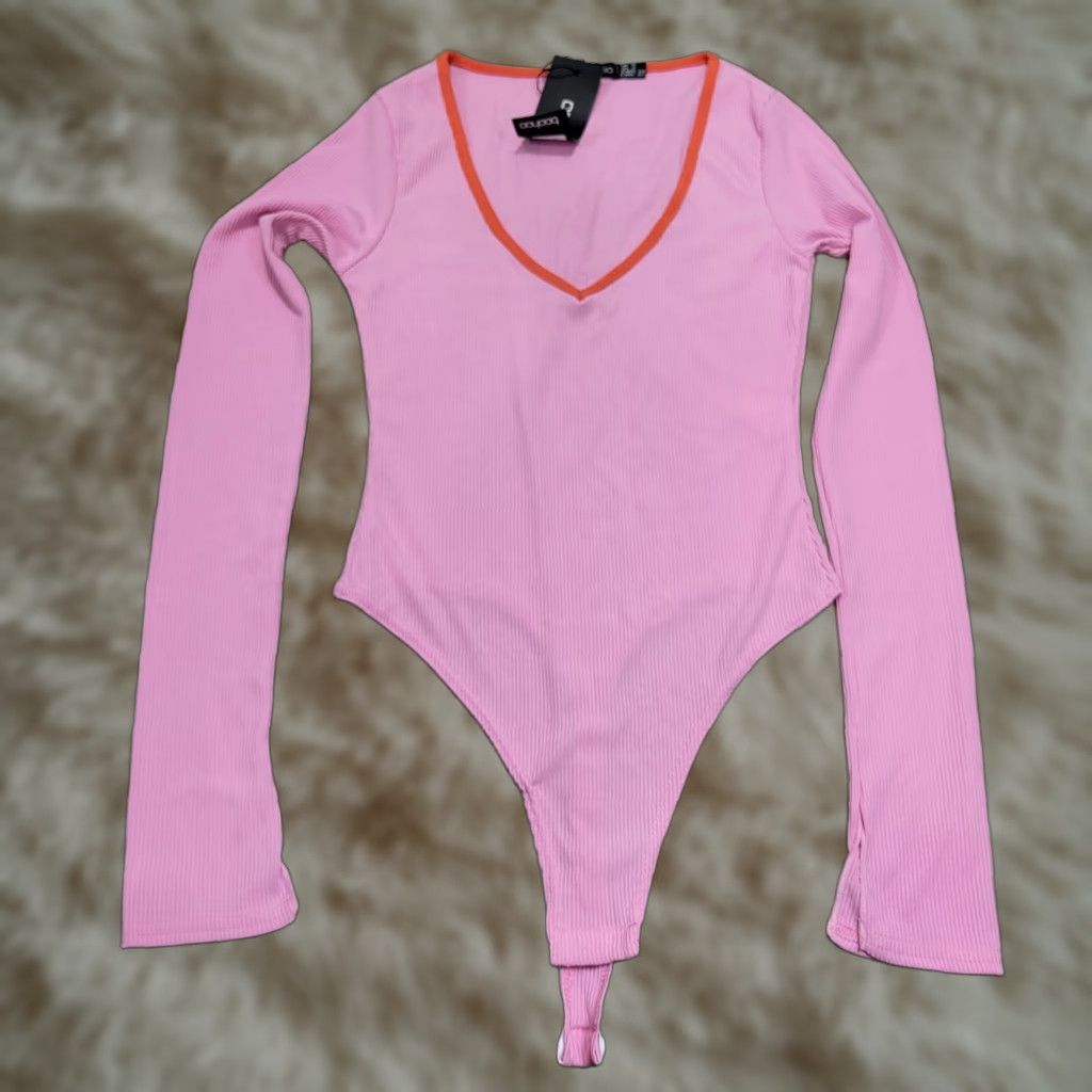 Boohoo Boohoo Bodysuit Pink Flared Sleeve Contrast Trim Ribbed Sz 2 NWT Womens Size XS / US 0-2 / IT 36-38 - 1 Thumbnail