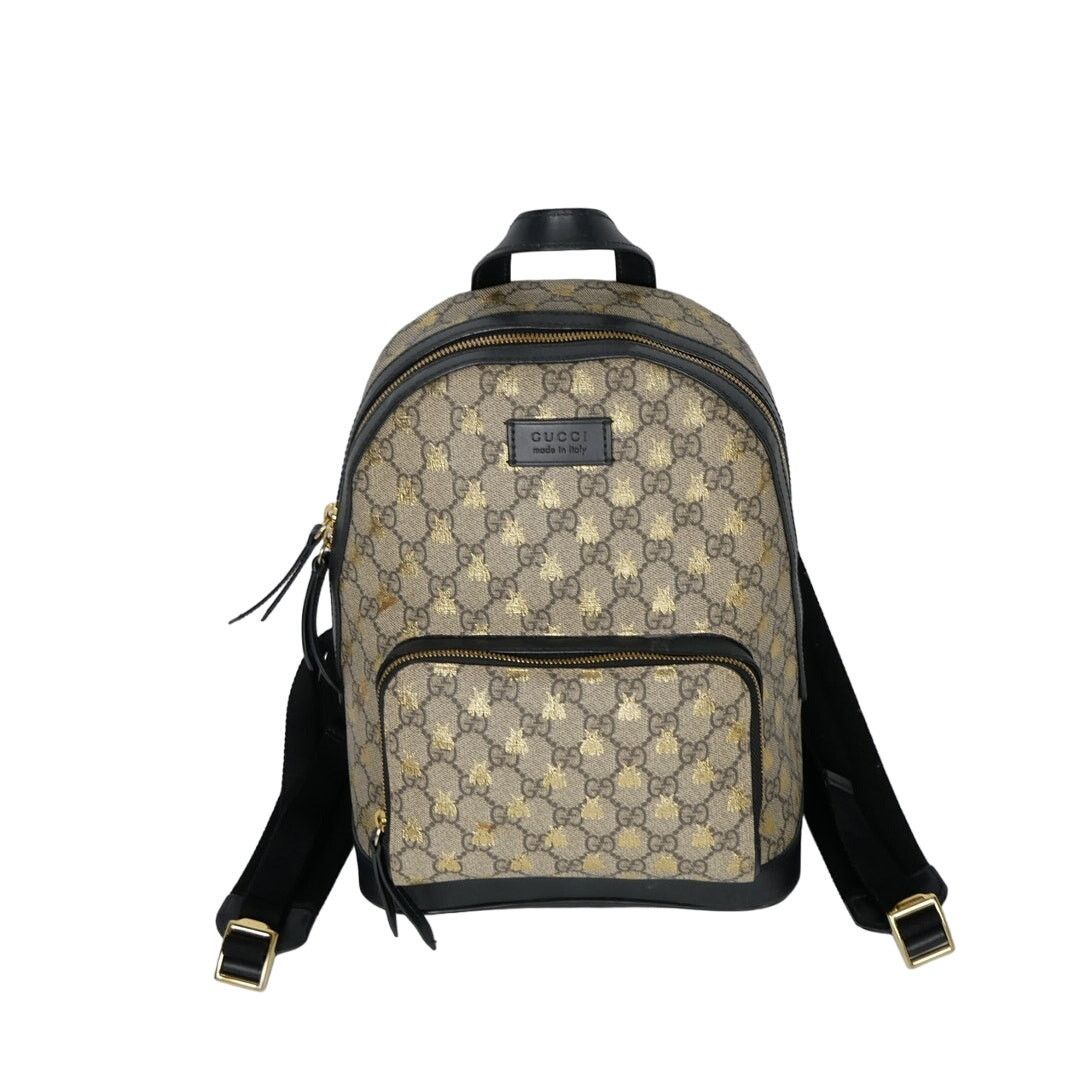 Gucci Beige GG Supreme Canvas Leather Bees Backpack