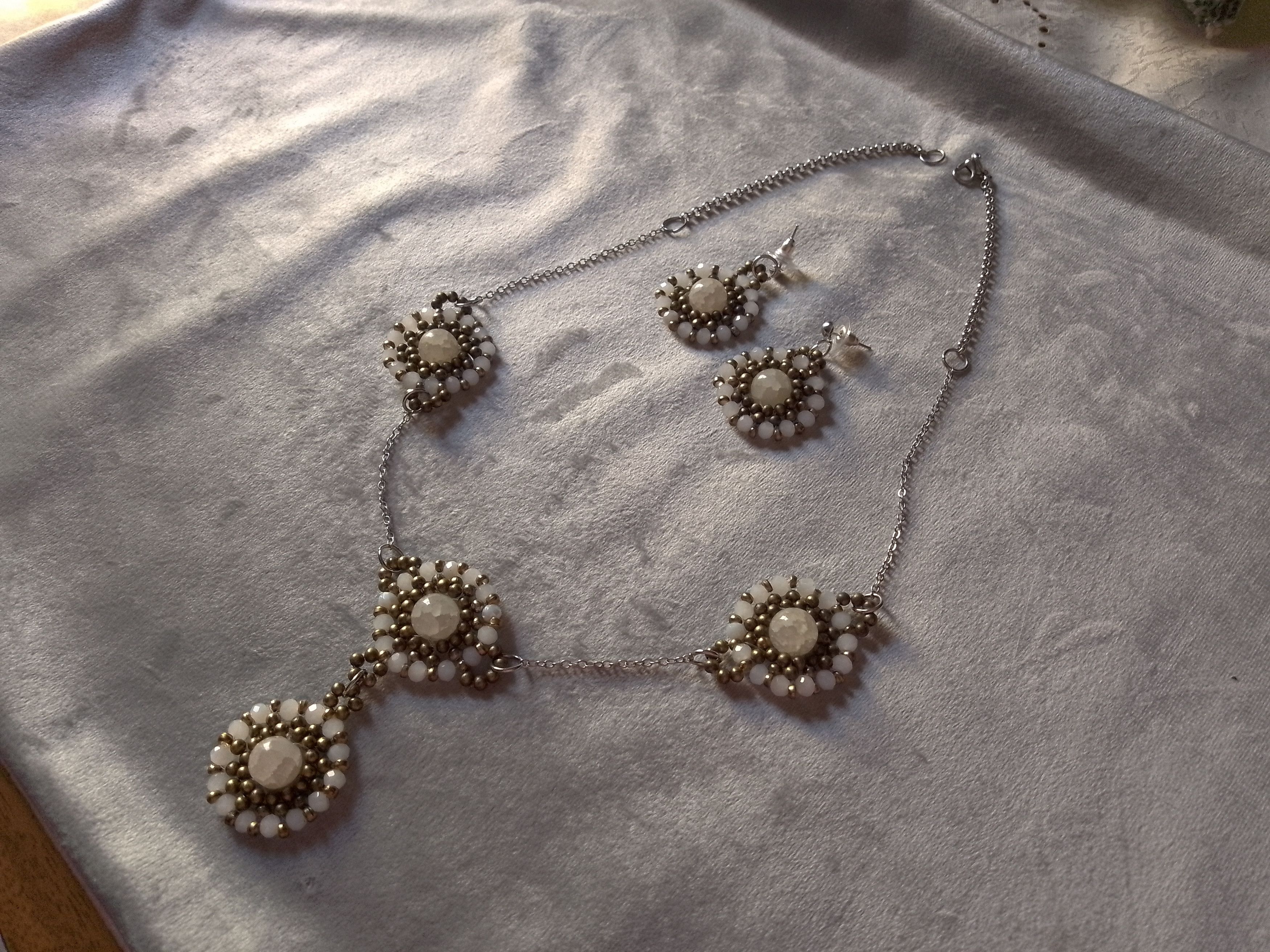 Handmade Necklace. Long. Earrings. White Gemstone. Crystal, brass Size ONE SIZE - 6 Thumbnail