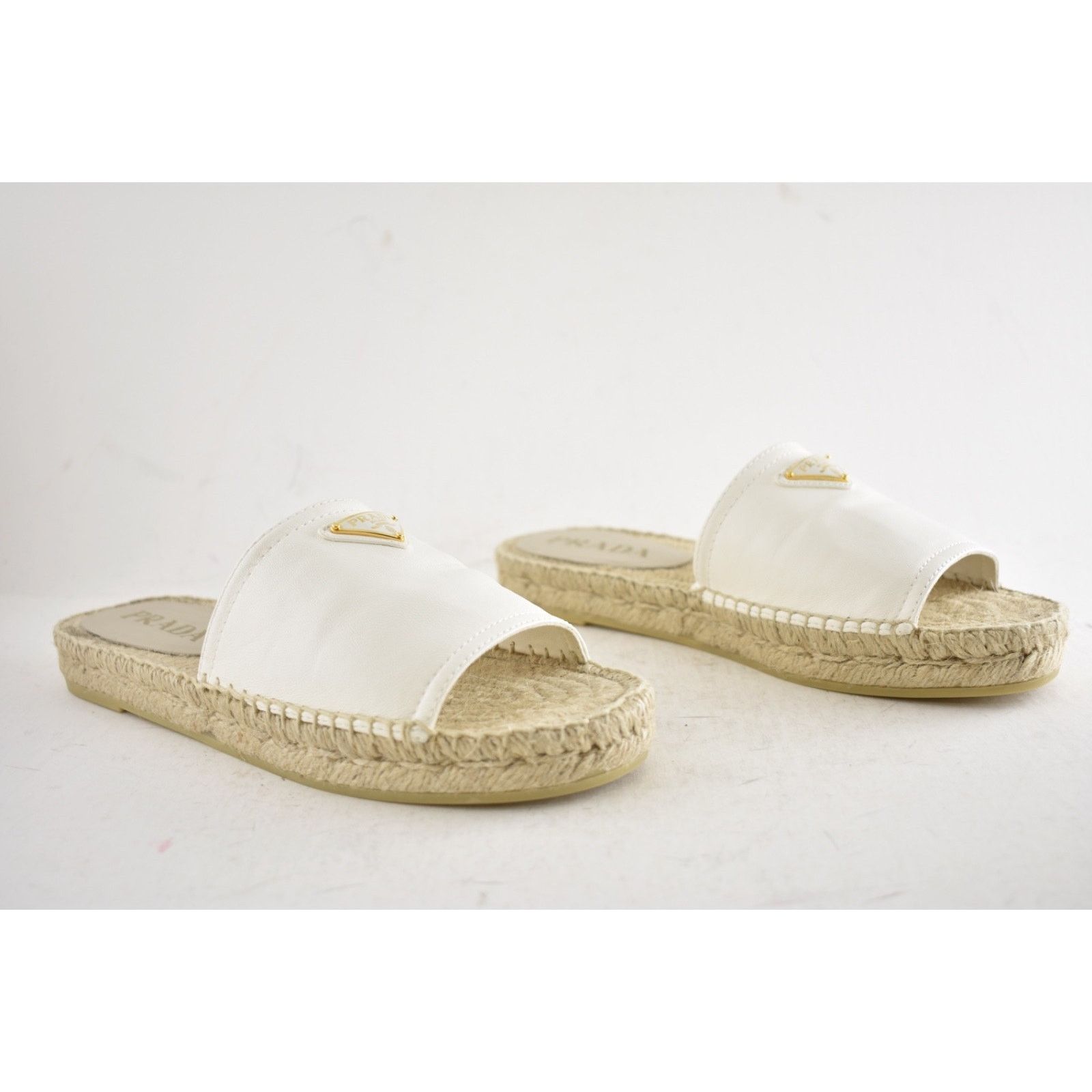 Prada Prada Gold Triangle Logo Avorio White Leather Espadrille 37 Size US 7 / IT 37 - 5 Thumbnail