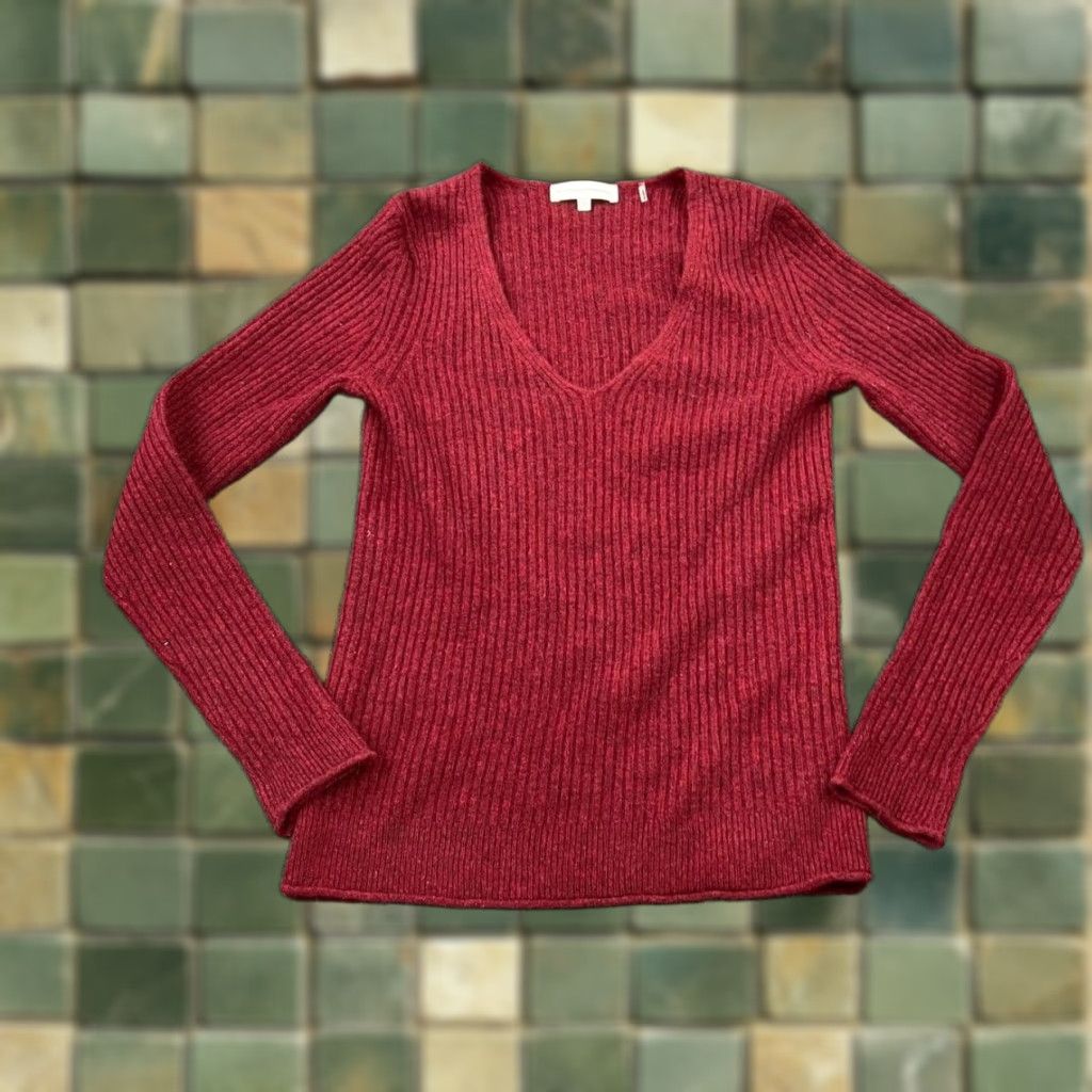 VINTAGE WHITE+WARREN Ribbed V-Neck Cashmere Sweater Women XS Red Pullover Casual Womens XS Red 100% Cashmere