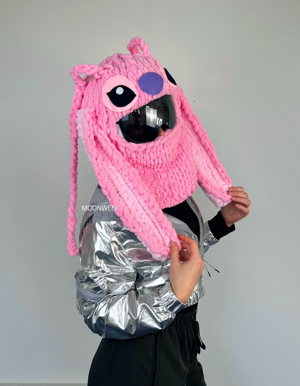 Handmade Stitch helmet cover balaclava with ears . Pink Ski mask Size ONE SIZE - 3 Thumbnail