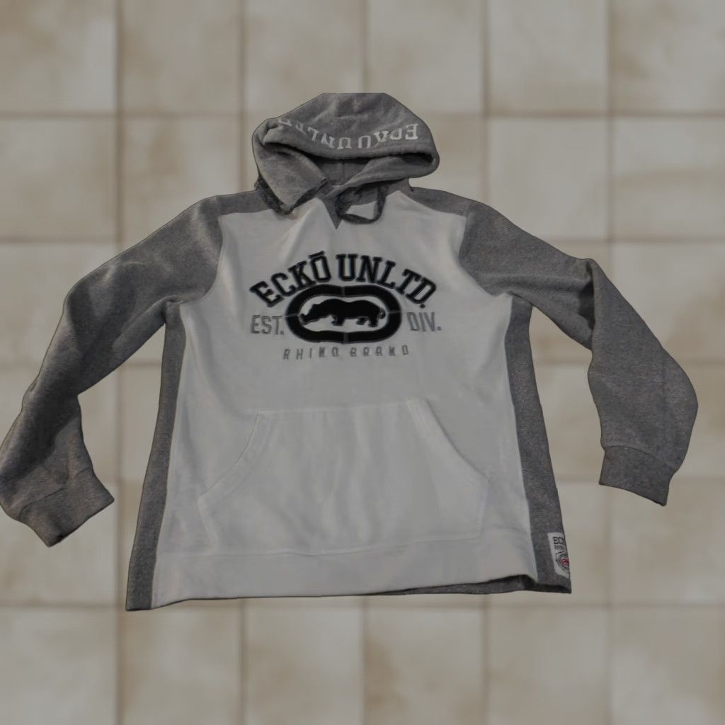 Ecko Unltd. Ecko Unltd Hoodie Mens Large Gray White Pullover Rhino Brand Patch Streetwear Size US L / EU 52-54 / 3 - 1 Thumbnail