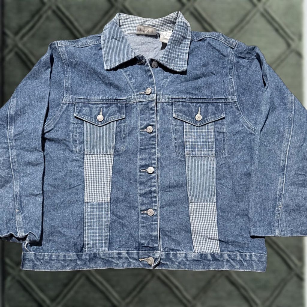 Bill Blass VINTAGE Bill Blass Jacket Blue Womens Plaid Denin Patchwork Trucker Jacket - Large 90s Size US L / EU 52-54 / 3 - 1 Thumbnail