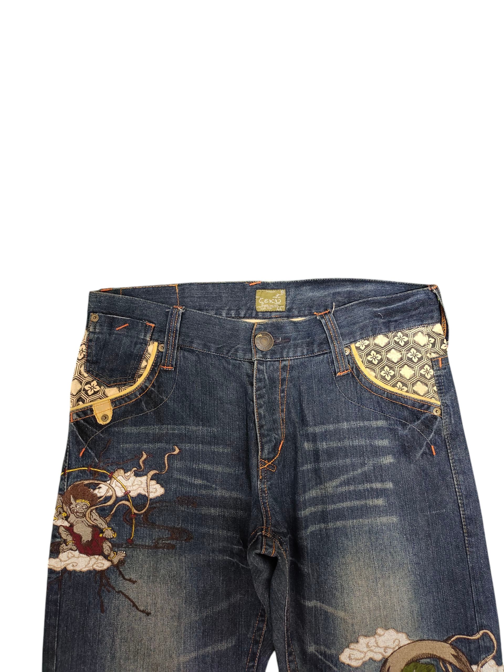 Karakuri Tamashii Japanese Sukajan Seku Raijin and Fujin Embroidered Jeans Size US 35 - 2 Thumbnail