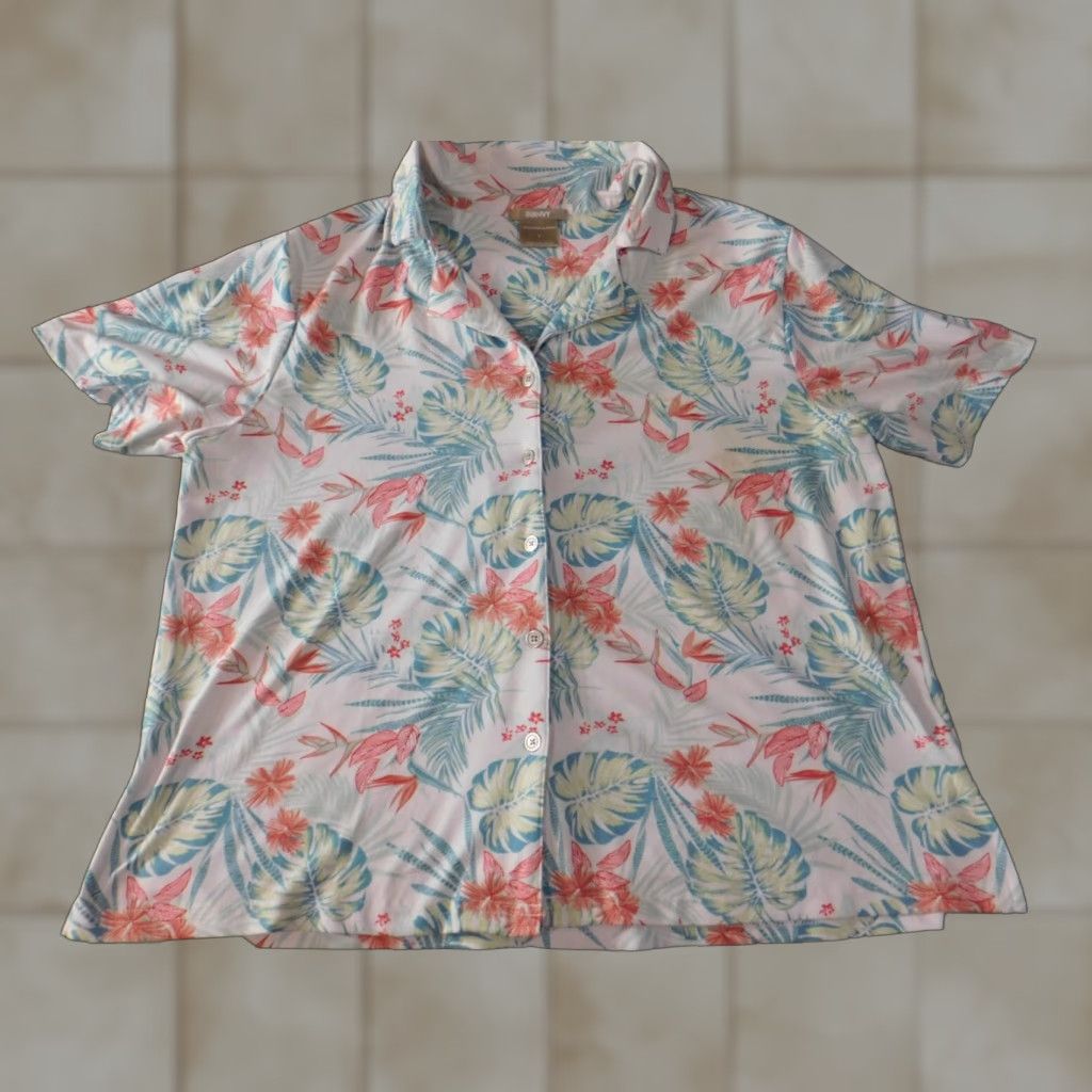 Vintage Ink + Ivy Womens Button-Up Shirt L Blue Floral Short Sleeve Collared Knit Polyester Spandex Stretch Casual Vintage? No (Vintage: No). Size L / US 10 / IT 46 - 1 Thumbnail