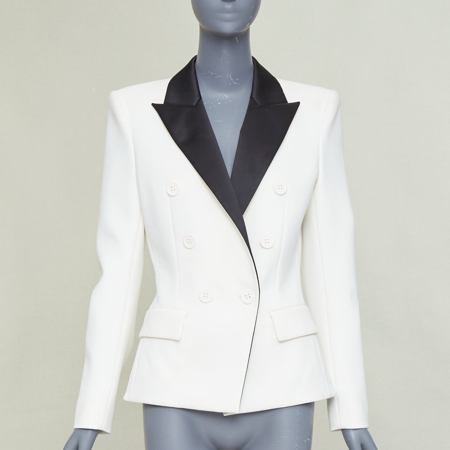 Alexandre Vauthier ALEXANDRE VAUTHIER off white black satin lapel double breasted tuxedo jacket Size S / US 4 / IT 40 - 1 Thumbnail