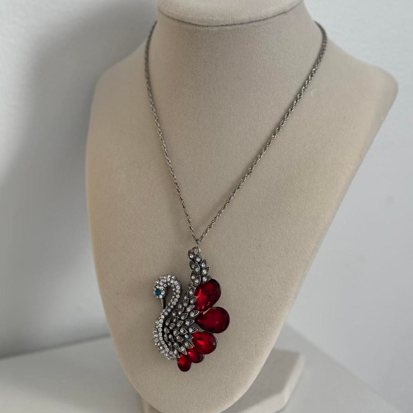 Other Red Silver Peacock Necklace Rhinestone Pendant Statement Size ONE SIZE - 4 Thumbnail