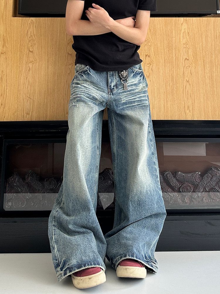 Japanese Brand Retro men's loose-fitting versatile washed distressed jeans Size US 32 / EU 48 - 3 Thumbnail