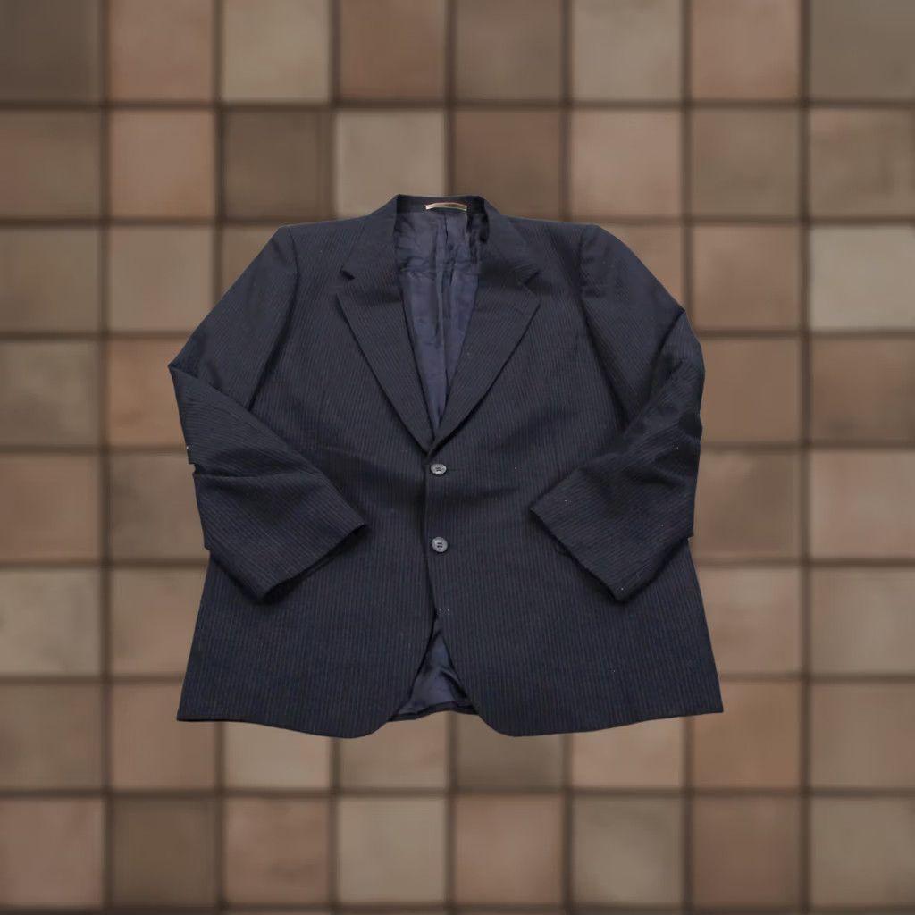 Yves Saint Laurent VINTAGE Yves Saint Laurent Blazer Jacket Mens 42 Navy Striped Tuxedo Style Four-Button Two-Button Inner Pockets Blue Cotton Casual Business Jacket Size 42R - 1 Thumbnail